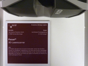 Sign explaining the motivation to award the Focus3D with the design prize
