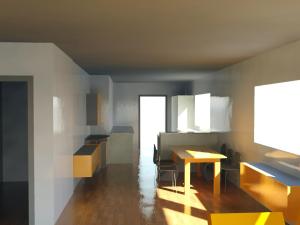 Rendering of a view from the drawing-room area towards the open kitchen. Revit 2013.