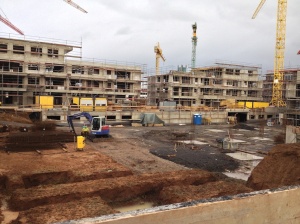 View over the construction site - building shell of our apartment is finally finished